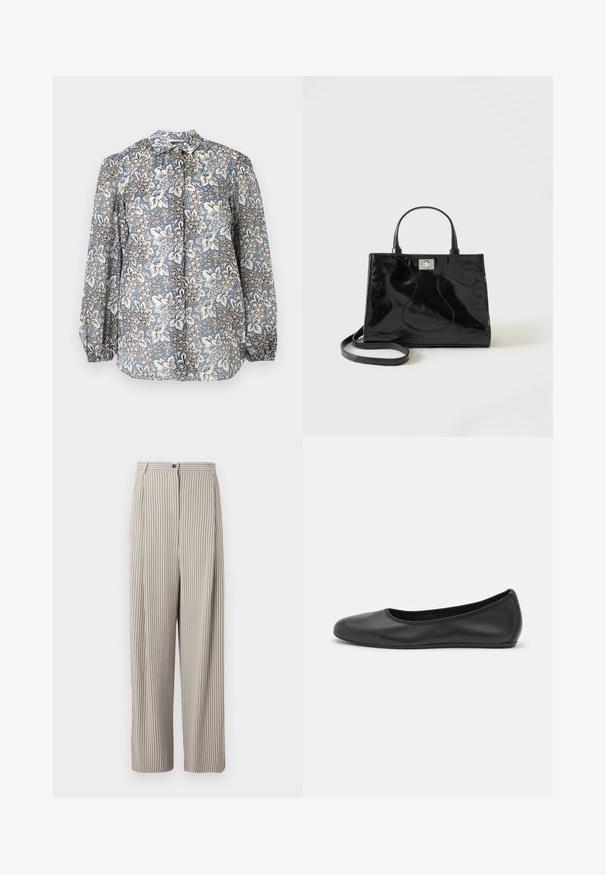 Blouse à manches longues avec motif floral bleu, blanc et noir, devant boutonné, poignets froncés sur fond gris clair.; Pantalon beige rayé à taille haute, à jambes larges et à fermeture à bouton unique. Les rayures verticales ajoutent de la texture au tissu.; Ballerines en cuir noir avec un bout rond, texture lisse, détails de couture minimalistes et design de semelle flexible.; Sac à main en cuir verni noir avec poignées arrondies, bandoulière détachable et fermeture à boucle argentée sur fond blanc uni.
