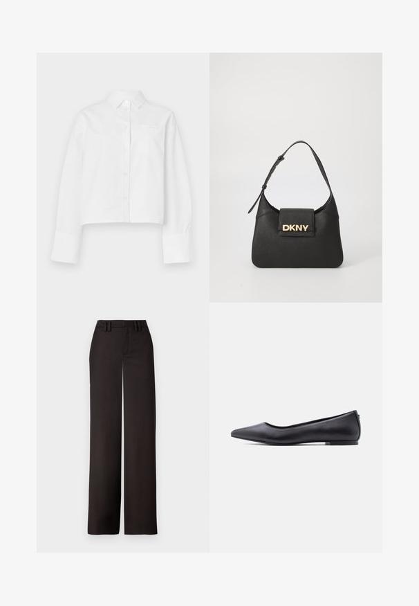 Chemise blanche courte en coton. Caractéristiques : col classique, manches longues, boutons sur le devant et poche poitrine gauche.; Pantalons noirs à jambes larges avec un devant plat, passants de ceinture et une texture lisse, conçus pour un ajustement près du corps. Aucun matériel ou motif visible.; Chaussure plate en cuir noire à bout pointu avec petit talon, vue de profil sur fond blanc.; Sac en cuir noir à épaule avec une forme structurée, mettant en avant un logo doré "DKNY" à l'avant et une sangle courte et réglable.