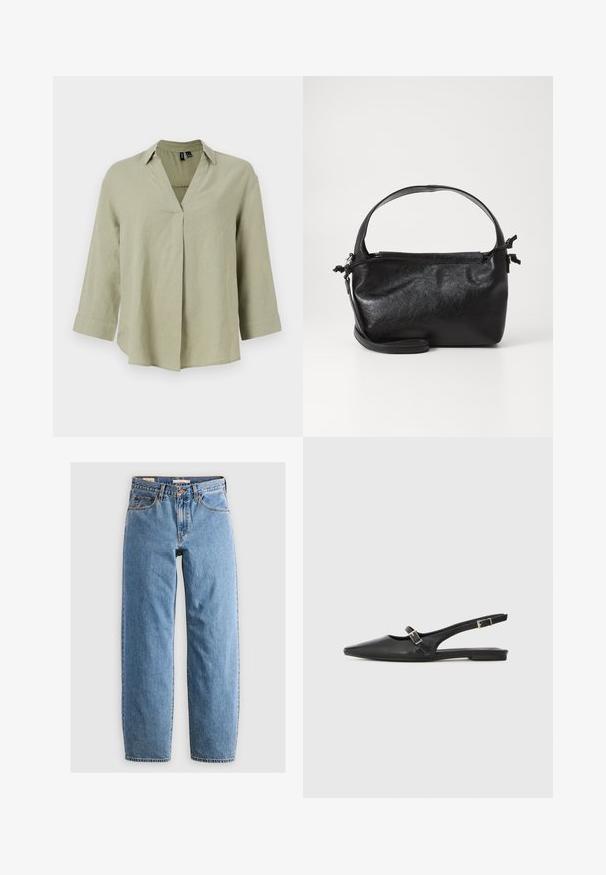 Olivengrøn linnedskjorte med V-hals, lange ærmer og en afslappet pasform. Har en center sømdetalje og oprullede manchetter.; Lysblå denim jeans med lige ben-design, fem lommer, lynlås og en subtil falmet tekstur. Klassisk stil med minimal hardware.; Sorte læder slingback-sko med spids tå, med en smal rem og en sølvspænde-detalje på siden. Flad sål.; Sort læderhåndtaske med et struktureret design, rund tophåndtag og aftagelig skulderrem. Den har en glat tekstur og en subtil glans.