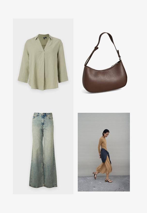 Olivengrøn linnedskjorte med V-hals, lange ærmer og en afslappet pasform. Har en center sømdetalje og oprullede manchetter.; Lyseblå vide jeans lavet af denim, med høj talje, bleget vask og sidelommer med synlige stikninger.; Kvinde iført en lang beige kjole og sorte sandaler med en mørk trøje bundet omkring taljen foran en lukket rullegardin.; Lille brun skuldertaske i læder med justerbar rem og lynlåslukning, vist mod hvid baggrund. Ingen synligt branding eller dekorationer.