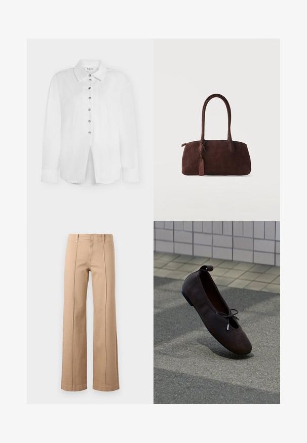 Chemise blanche à manches longues avec col et boutons argentés sur le devant, étiquette Modström taille S.; Pantalon beige à jambe droite avec coutures centrales à l'avant, passants pour ceinture et fermeture éclair sur un fond clair uni.; Ballerine en daim marron foncé avec semelle noire et petit nœud, posée sur un sol pavé près d’un mur carrelé.; Sac à main en daim marron foncé avec deux longues anses et une petite étiquette attachée, sur un fond clair uni.