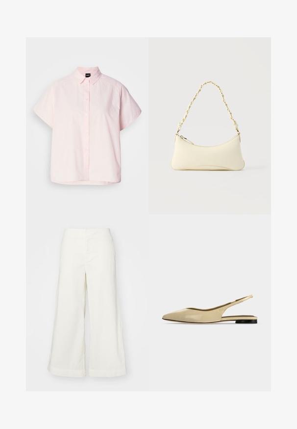 Chemise à manches courtes et boutonnée de couleur rose clair en coton. Elle présente un col classique, des boutons à l'avant et un ourlet incurvé. Texture lisse.; Pantalons larges blancs en tissu léger, dotés d'une taille haute et de détails cousus, offrant une coupe décontractée et des lignes épurées.; Chaussure plate beige à bout pointu avec bride arrière, petit talon noir et finition en cuir lisse, vue de côté sur un fond uni.; Petit sac à main couleur crème avec une forme incurvée et une poignée en chaîne torsadée ton or, fermeture éclair sur le dessus