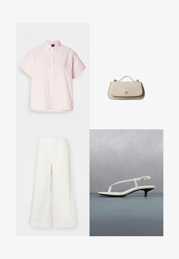 Chemise à manches courtes et boutonnée de couleur rose clair en coton. Elle présente un col classique, des boutons à l'avant et un ourlet incurvé. Texture lisse.; Pantalons larges blancs en tissu léger, dotés d'une taille haute et de détails cousus, offrant une coupe décontractée et des lignes épurées.; Sandale blanche à talon kitten avec des lanières et un bout pointu, flottant au-dessus d'un sol en carrelage en bois en plein air avec un arrière-plan flou de plante et de mur.; Petit sac à main en cuir beige avec poignée supérieure et logo CK argenté sur le rabat avant, présenté sur fond blanc.