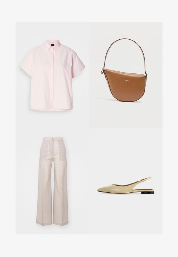 Camisa de botones de manga corta color rosa claro, hecha de algodón. Presenta un cuello clásico, botones en la parte delantera y un dobladillo curvado. Textura suave.; Pantalones de pierna ancha beige, hechos de una tela ligera tejida, con una cintura alta, cierre con un solo botón en la parte frontal y una textura sutil.; Zapato plano beige con puntera puntiaguda, diseño slingback, tacón bajo negro y acabado en cuero liso, mostrado de perfil sobre un fondo liso.; Bolso media luna de cuero marrón con una única correa, logo BOSS dorado en el frente y pequeño detalle de cremallera dorada en el lateral.