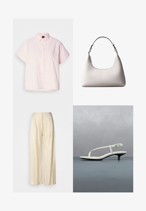 Camisa de botones de manga corta color rosa claro, hecha de algodón. Presenta un cuello clásico, botones en la parte delantera y un dobladillo curvado. Textura suave.; Pantalones de seda crema de tiro alto con pliegues, piernas anchas y cierre frontal oculto con cremallera sobre un fondo blanco liso.; Sandalia blanca de tacón kitten con tiras y punta afilada, flotando sobre un suelo de baldosas de madera al aire libre, con un fondo desenfocado de plantas y pared.; Bolso de hombro de cuero color crema de Calvin Klein con borde superior curvado, cremallera plateada y correa ajustable marrón oscuro.