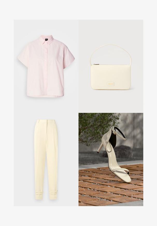 Chemise à manches courtes et boutonnée de couleur rose clair en coton. Elle présente un col classique, des boutons à l'avant et un ourlet incurvé. Texture lisse.; Pantalon tailleur crème taille haute avec plis, jambes fuselées et revers roulés aux chevilles, présenté sur un fond uni.; Sandale beige à talons hauts avec bride à la cheville posée sur des lattes en bois en extérieur, avec un arrière-plan flou de verdure et de béton.; Sac à main rectangulaire de couleur crème avec une seule sangle et une fermeture éclair sur le dessus, comportant une petite plaque de logo embossé à l'avant.