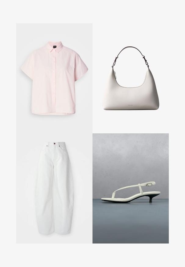 Lys pink kortærmet skjorte med knapper lavet af bomuld. Har en klassisk krave, forreste knapper og en buet kant. Glat tekstur.; Højtaljede hvide denimbukser med løs pasform. Har en knaplukning, sidelommer og et minimalistisk design. Glat tekstur.; Hvid sandal med stropper og kitten-hæl med spids tå, svævende over et trægulv udendørs med en sløret plante og væg i baggrunden.; Cremefarvet skuldertaske i læder fra Calvin Klein med buet topkant, sølvfarvet lynlås og mørkebrun justerbar rem.