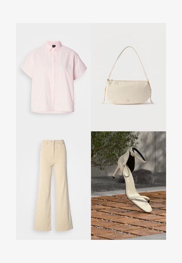 Chemise à manches courtes et boutonnée de couleur rose clair en coton. Elle présente un col classique, des boutons à l'avant et un ourlet incurvé. Texture lisse.; Jeans beige à jambes larges avec taille haute, poches avant, et couture contrastée, dotés d'une fermeture à bouton et d'une texture en coton lisse.; Sandale beige à talons hauts avec bride à la cheville posée sur des lattes en bois en extérieur, avec un arrière-plan flou de verdure et de béton.; Petit sac à épaule de couleur crème avec une seule sangle, fermeture éclair et logo de marque doré discret à l'avant.