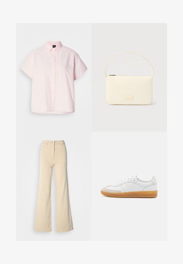 Lys pink kortærmet skjorte med knapper lavet af bomuld. Har en klassisk krave, forreste knapper og en buet kant. Glat tekstur.; Beige vidde jeans med høj talje, forlommer og kontrasterende syninger, udstyret med en knaplukning og en glat bomuldsstruktur.; Hvide lædersneakers med beige ruskindsdetaljer, gummisål og snøredesign. Har diskret branding i guld.; Kremfarvet rektangulær håndtaske med en enkelt rem og lynlås øverst, med en lille præget logo-plakette foran.