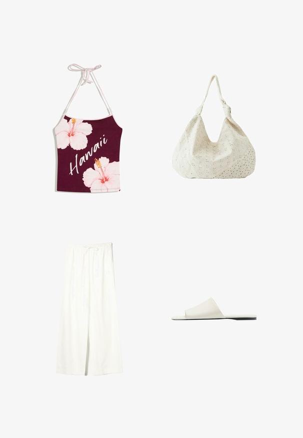 Haut dos nu marron avec liens roses, grandes fleurs d'hibiscus roses, et « Hawaii » écrit en diagonale en lettres blanches cursives.; Pantalon en lin blanc à jambes larges avec taille élastique et cordon de serrage, doté de poches latérales et d'une fente à l'avant.; Sandale blanche à enfiler avec une large bride unique et une semelle plate, vue de côté sur fond blanc.; Sac à épaule en tissu couleur crème avec broderie florale à œillets et une seule bandoulière souple.