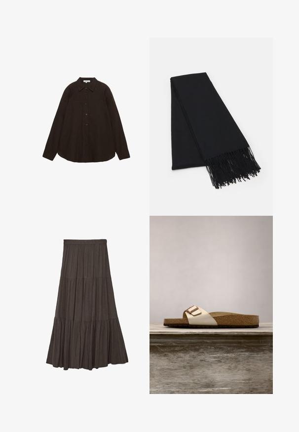 Chemise à manches longues marron foncé avec boutons et col, étalée à plat sur un fond blanc.; Jupe maxi à volants marron foncé avec une taille élastique, comportant trois sections froncées pour un look fluide et texturé.; Sandale à enfiler avec un dessus métallique léger, une semelle en liège et une semelle en caoutchouc brun texturé. Détail de boucle avec accent logo.; Even&Odd Écharpe - black