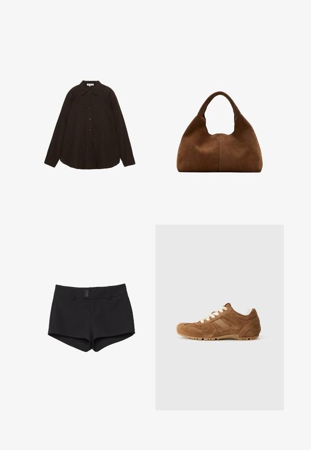 Chemise à manches longues marron foncé avec boutons et col, étalée à plat sur un fond blanc.; Shorts noirs en tissu à la texture lisse. Dotés d'une taille élastique, de deux poches avant et de deux boutons noirs à l'avant.; Baskets en cuir suédé marron avec des lacets crème, des panneaux latéraux texturés et une semelle en caoutchouc avec des stries. Bout arrondi et design de col rembourré.; Sac hobo en daim marron avec une anse large et arrondie et une forme souple et décontractée sur un fond blanc.