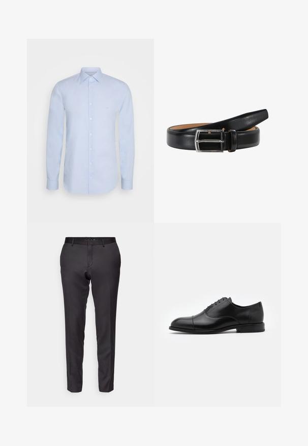Lichtblauw langslowel shirt van soepel katoen, met een klassieke kraag, knoopsluiting en subtiele branding op de borst.; Op maat gemaakte zwarte broek van een gladde stof, met een slim fit, rechte pijpen en een platte voorkant met ceintuurlussen.; Zwarte leren dresschoenen met een ronde neus, vetersluiting en subtiele stikseldetails. Voorzien van een lage hak en een gladde textuur.; Zwarte leren riem met een gladde textuur, voorzien van een zilveren rechthoekige gesp en een lichtbruine binnenvoering. De uiteinden zijn taps toelopend voor een slanke uitstraling.