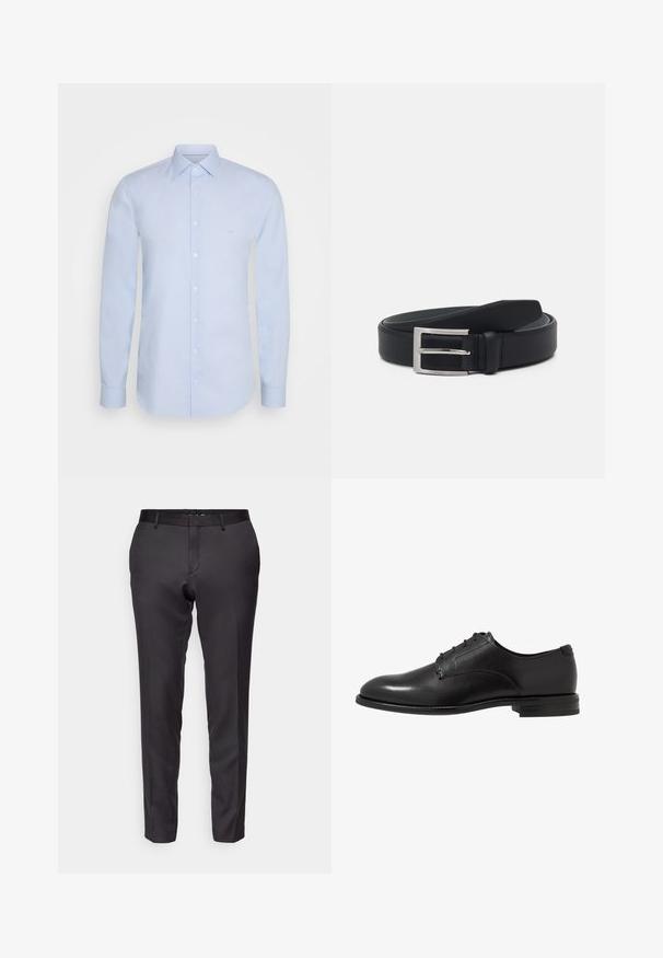 Helles blaues Langarmshirt aus glattem Baumwollmaterial, ausgestattet mit einem klassischen Kragen, einer Knopfverschluss und dezentem Branding auf der Brust.; Maßgeschneiderte schwarze Hose aus einem glatten Stoff, mit schlanker Passform, geradem Bein und flachem Frontdesign mit Gürtelschlaufen.; Schwarze Lederschuhe mit glatter Oberfläche, runder Zehenform, sechs Ösen und niedrigem, gestapeltem Absatz. Einfaches, klassisches Design.; Schwarzer Leder-Gürtel mit glatter Oberfläche, silberner rechteckiger Schnalle und elegantem Design. Akzente umfassen sichtbare Nähte und ein Logodetail.