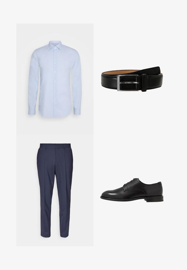 Lichtblauw langslowel shirt van soepel katoen, met een klassieke kraag, knoopsluiting en subtiele branding op de borst.; Marineblauwe dresspants met een rechte snit, gemaakt van textuurstof, voorzien van voorplooien, riemlusjes en zijzakken.; Zwarte leren dresschoen met een gladde afwerking, ronde neus, zes oogjes en een lage gestapelde hak. Eenvoudig, klassiek ontwerp.; Zwarte leren riem met een zilveren rechthoekige gesp, met een gladde textuur en contrasterende tan voering aan de binnenzijde.