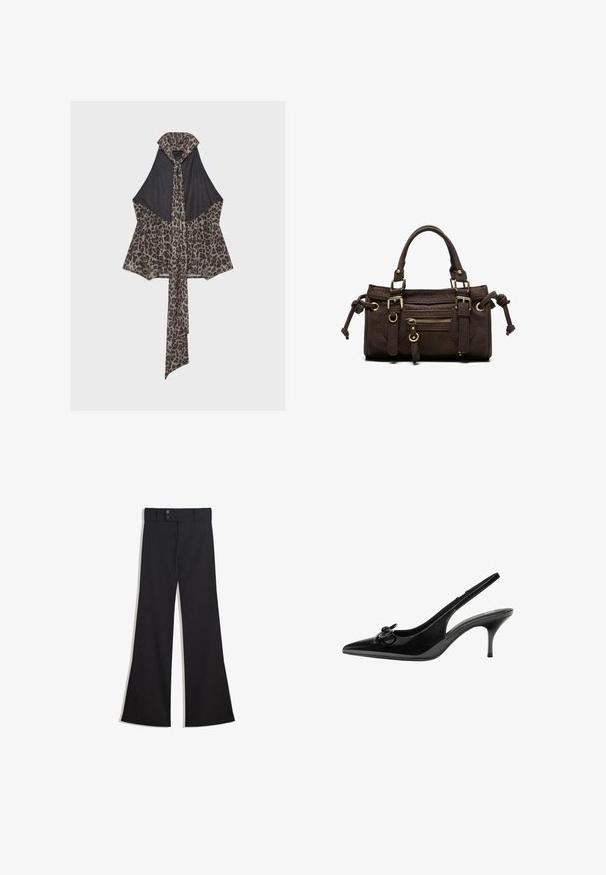 Haut dos nu noir avec bordure imprimé léopard marron et longue écharpe assortie nouée autour du cou et tombant sur le devant.; Pantalon noir taille haute à jambes larges avec une taille à double bouton et une fermeture éclair frontale, présenté à plat sur un fond blanc.; Chaussure slingback en cuir verni noir avec un bout pointu, un talon bas et un détail de nœud décoratif sur le côté. Texture lisse sur toute la surface.; Sac à main en cuir marron foncé avec double poignée, poche avant zippée, boucles décoratives et nœuds latéraux sur fond blanc.