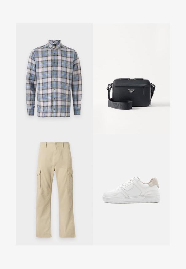 Ruuduline särk valgete, siniste, roheliste ja lilla toonidega. Omab nööpidega kaelust, pikki varrukaid ja esipoolseid nuppe. Kerge kangas.; Tommy Jeans OTIS HERRINGBONE PANTS - Kargopüksid - silt; Valge madala lõikega tennisejalanõu paeltega ees, tekstuurse tallaga, peente paneelide detailidega ning beežist seemisnahast kandmiseljal olev tabalukk, heledal ühevärvilisel taustal.; Must musta õlakott, mis on valmistatud tekstuuritud materjalist. Omab tõmbluku sulgemist, esimest tõmblukuga taskut ja metallist logo aktsenti. Kaasas on reguleeritav rihm.