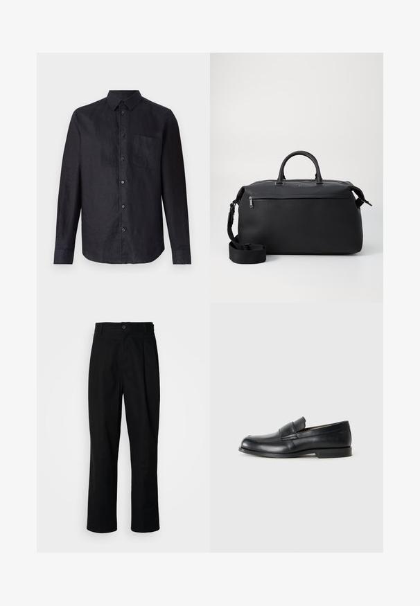Chemise noire à manches longues en tissu texturé, avec un devant à boutons, un col classique et une poche plaquée sur la poitrine gauche.; Pantalons noirs à jambes droites avec une taille à bouton, passants de ceinture et pli avant, présentés sur un fond blanc uni.; Mocassins en cuir noir avec un bout rond, des détails cousus et une semelle en caoutchouc plate. Présentent une large bande sur le cou-de-pied.; Sac de voyage en cuir noir avec deux poignées supérieures, une bandoulière amovible et une poche avant zippée pour un espace de rangement supplémentaire.