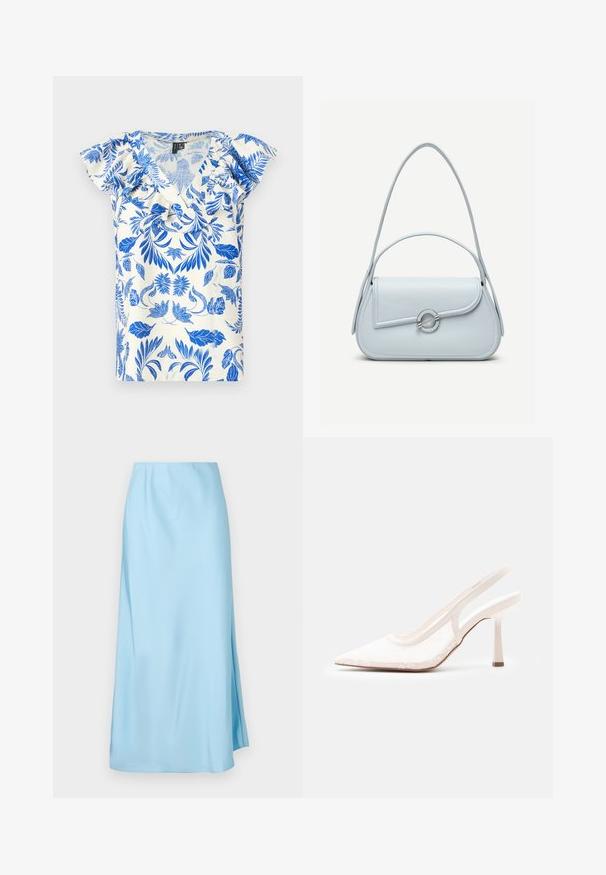 T-shirt à manches courtes avec un motif floral bleu sur fond crème, doté d'un décolleté en V et de volants le long des épaules.; Jupe midi bleu clair avec une texture lisse, dotée d'une légère fente latérale et d'une ceinture élastique pour le confort et la facilité de port.; Escarpin à talon haut et bride arrière à bout pointu blanc, avec une tige en résille de dentelle et un talon fin, sur un fond gris clair uni.; Sac à main en cuir bleu clair avec rabat arrondi, fermoir circulaire argenté et deux bretelles d'épaule sur un fond uni.