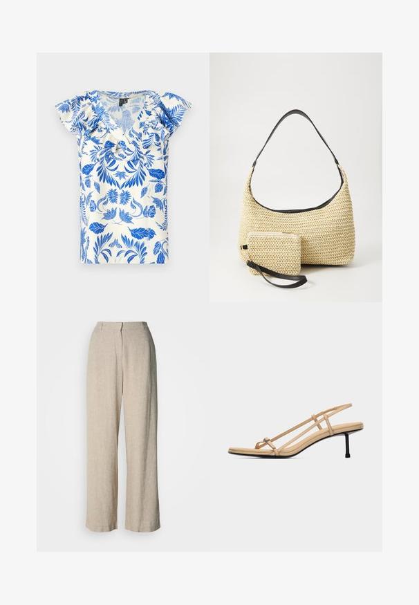 T-shirt à manches courtes avec un motif floral bleu sur fond crème, doté d'un décolleté en V et de volants le long des épaules.; Pantalon large beige clair en tissu texturé. Caractéristiques : taille haute, plis à l'avant et ourlets droits.; Sandale beige à lanières avec une fine boucle pour l'orteil, deux lanières latérales, une bride arrière, une semelle rembourrée et un talon noir élégant de hauteur moyenne.; Sac à main en paille tissée avec une silhouette courbée, doté d'une bandoulière en cuir noir lisse et d'une petite pochette assortie attachée par une sangle pour le poignet.