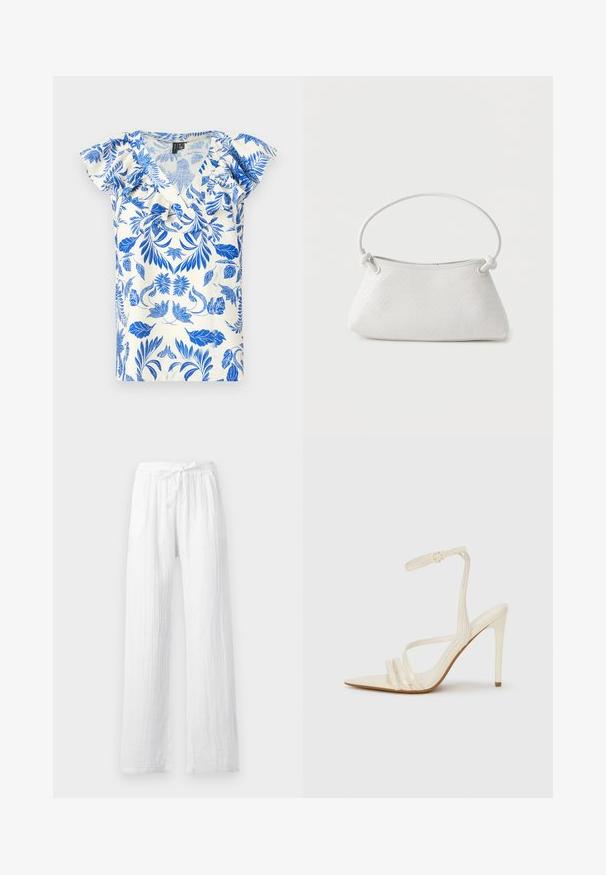 T-shirt à manches courtes avec un motif floral bleu sur fond crème, doté d'un décolleté en V et de volants le long des épaules.; Pantalon blanc léger en lin avec taille à cordon et coupe droite, présenté sur un fond uni.; Sandales à talons hauts beiges avec un bout pointu, comportant trois brides à l'avant et une fine bride à la cheville avec une boucle. Texture lisse, design minimaliste.; Sac à main en cuir tressé blanc avec poignée arrondie et extrémités de lanière nouées, présenté sur un fond uni.