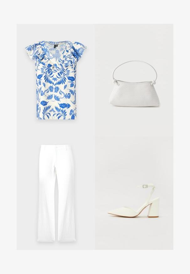 T-shirt à manches courtes avec un motif floral bleu sur fond crème, doté d'un décolleté en V et de volants le long des épaules.; Pantalons en lin blanc avec une jambe droite, fermeture à bouton et sans motifs visibles. Texture lisse et design minimaliste.; Sandale blanche à talon avec un bout pointu, sangle de cheville réglable et un talon carré épais. Texture lisse avec des détails de couture minimaux.; Sac à main en cuir tressé blanc avec poignée arrondie et extrémités de lanière nouées, présenté sur un fond uni.