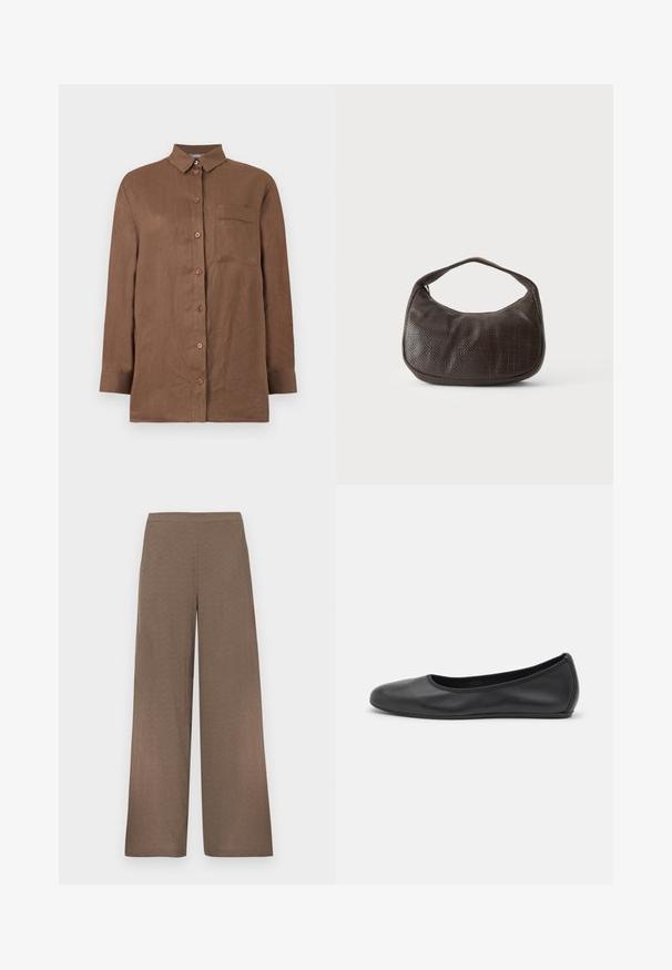 Chemise marron à manches longues avec boutons, col et une poche poitrine unique, en tissu texturé.; Pantalon marron à jambes larges avec ceinture plate, sans poches ni fermetures visibles, présenté sur un fond blanc.; Ballerines en cuir noir avec un bout rond, texture lisse, détails de couture minimalistes et design de semelle flexible.; Petit sac à main marron foncé texturé avec une courte bandoulière et un fond arrondi sur un fond clair uni.