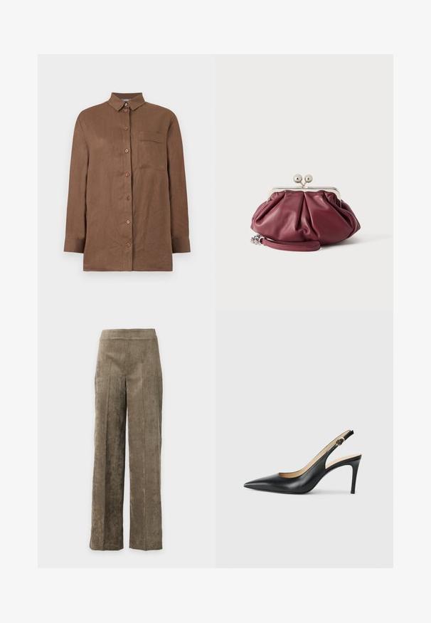 Chemise marron à manches longues avec boutons, col et une poche poitrine unique, en tissu texturé.; Pantalon droit en velours côtelé marron avec taille haute et texture côtelée verticale sur fond uni.; Escarpins en cuir noir avec une pointe fine, une bride ajustable et un talon aiguille élégant, présentant une finition lisse.; Petite pochette en cuir bordeaux avec fermoir en métal argenté et bracelet pour poignet sur fond blanc.