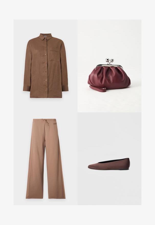 Chemise marron à manches longues avec boutons, col et une poche poitrine unique, en tissu texturé.; Pantalon marron à jambes larges avec taille élastique, cordon de serrage et petite écusson logo sur le côté droit près de la taille.; Ballerines en tissu marron avec un bout pointu et une texture lisse, dotées d'un talon bas et d'une fine semelle noire. Aucune motif ni élément métallique visible.; Petit sac pochette en cuir bordeaux avec fermoir métallique argenté et bracelet sur fond blanc.