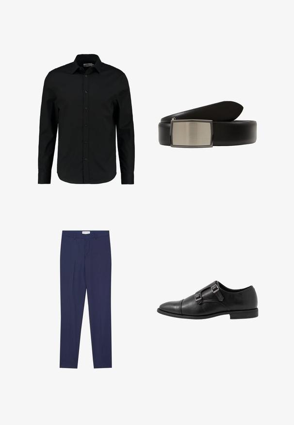Black long-sleeve shirt made of smooth fabric, features a button-up front, pointed collar, and a tailored fit with a curved hem.; Navy dress pants made of smooth fabric, featuring a flat front, two side pockets, a zip fly, and clean hem without patterns or accents.; Black leather monk strap shoe with two silver buckles, toe cap design, round toe, and low-profile rubber sole. Smooth texture, sleek silhouette.; Black leather belt with a wide strap and a rectangular, brushed metal buckle featuring a smooth finish and a small logo detail.