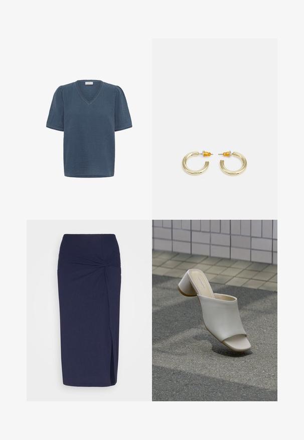 Kaffe KAMAI - T-shirt print - ensign blue; Anna Field by Zalando Kokerrok - dark blue; Enkele witte open teen mule met blokhak op geplaveide grond nabij betegelde muur, schuin geplaatst om zij- en bovenaanzichten te tonen.; Gouden hoepel oorbellen met een zachte, ronde vorm en een gepolijste afwerking. Kenmerkt oranje accenten aan de achterkant voor een veilige bevestiging.