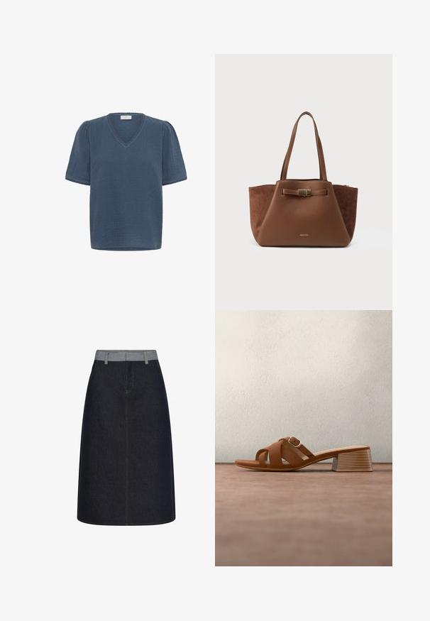 Kaffe KAMAI - T-shirt print - ensign blue; Donkerblauwe jeans A-lijn rok met lichtblauwe tailleband en lussen voor een riem, met contrasterende stiksels en een detail van een naad aan de voorkant.; Bruine leren muil met open teen, blokhak en gekruiste bandjes, tegen een grijze vloer en een vage donkere achtergrond.; Bruine totebag die gladde en suède texturen combineert, met een rechthoekige vorm, dubbele handvatten en een decoratief gouden accent aan de voorkant.
