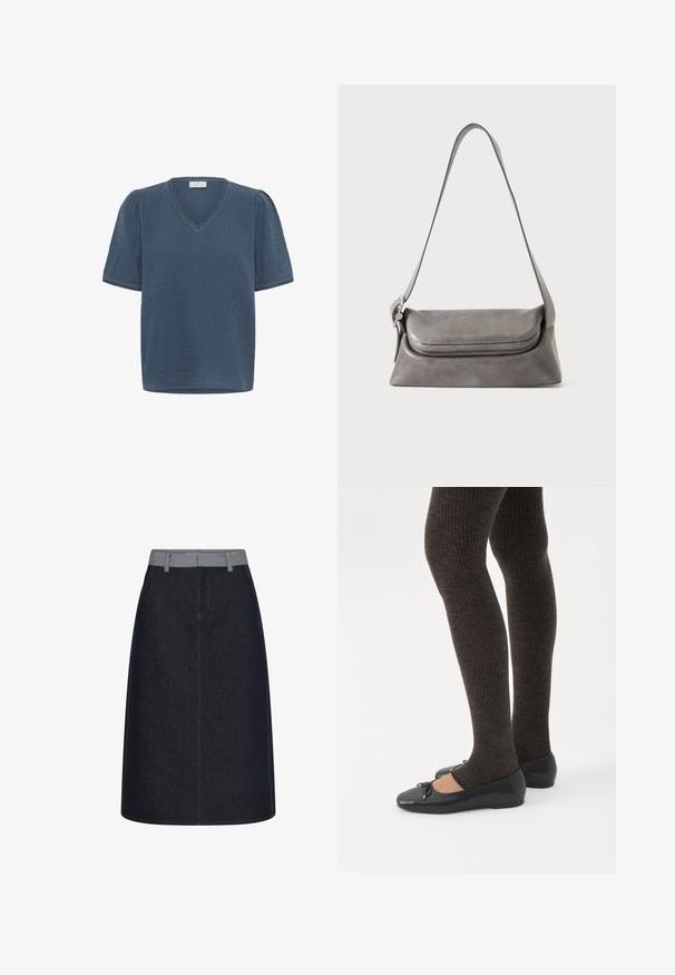 Kaffe KAMAI - T-shirt print - ensign blue; Donkerblauwe jeans A-lijn rok met lichtblauwe tailleband en lussen voor een riem, met contrasterende stiksels en een detail van een naad aan de voorkant.; Benen met donkere geribbelde leggings gecombineerd met zwarte ballerina's met kleine strikdetails op een witte achtergrond.; Grijze leren schoudertas met een gebogen klep en een lange, dunne riem, hangend tegen een witte achtergrond.