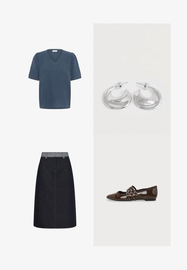 Kaffe KAMAI - T-shirt print - ensign blue; Donkerblauwe jeans A-lijn rok met lichtblauwe tailleband en lussen voor een riem, met contrasterende stiksels en een detail van een naad aan de voorkant.; Bruine lakleren platte schoen met puntige neus en drie verstelbare gespen aan de zijkant, gezien vanaf de buitenkant.; Een paar gepolijste zilveren halve maanvormige creolen met heldere plastic achterkanten op een witte ondergrond.