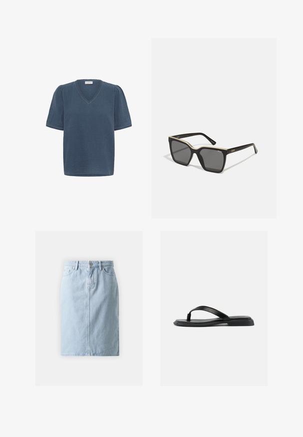 Kaffe KAMAI - T-shirt print - ensign blue; Lichtblauwe denimrok met een rechte snit, voorzakken en een enkele knoopsluiting in de taille. Glad oppervlak met minimale stiksels.; Zwarte platte teenslipper met gestructureerde band en licht verhoogde hak, weergegeven in zijprofiel tegen een effen lichte achtergrond.; Zwarte zonnebril met een dikke rand, gouden accenten langs de bovenrand en donkere lenzen. Heeft ronde hoeken en "QUAY" merknaam op de pootjes.