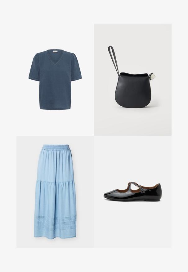 Kaffe KAMAI - Camiseta estampada - ensign blue; Falda larga azul claro con volantes, cintura elástica y detalles de pliegues horizontales cerca del dobladillo.; Zapato plano Mary Jane de charol negro con dos recortes y una correa con hebilla dorada sobre fondo blanco.; Bolso de muñeca de cuero negro con base redondeada y cierre plateado sobre un fondo blanco liso.