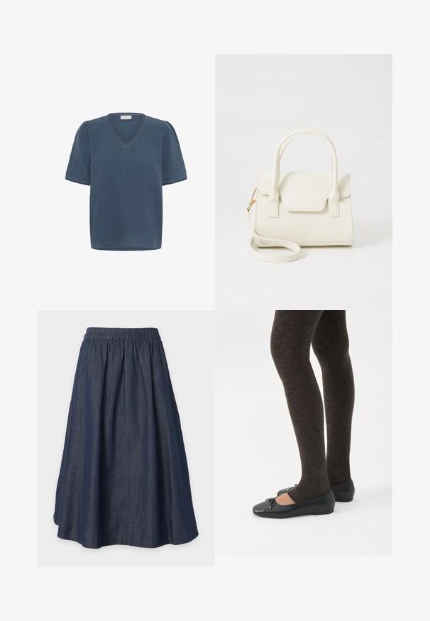 Kaffe KAMAI - Camiseta estampada - ensign blue; Falda azul oscuro hasta la rodilla con cinturilla elástica y diseño acampanado y fruncido.; Piernas con leggings oscuros acanalados combinados con bailarinas negras que presentan pequeños detalles de lazo sobre un fondo blanco.; Bolso pequeño blanco con doble asa, solapa frontal y correa de hombro desmontable con cierre dorado sobre fondo blanco liso.