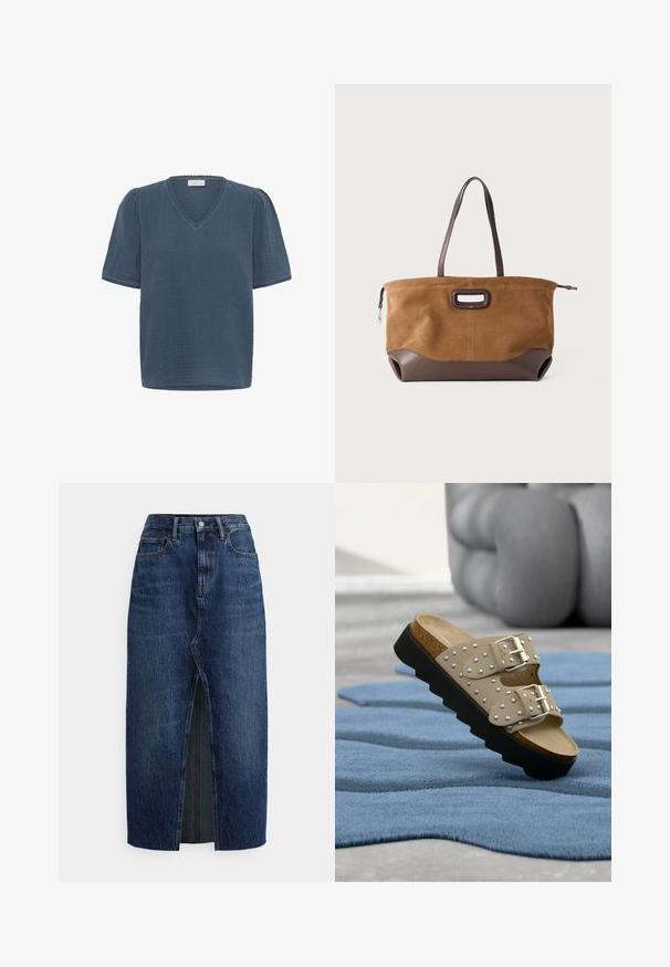 Kaffe KAMAI - T-shirt print - ensign blue; Donkerblauwe denim midi-rok met voorsplit, riemlussen, knoopsluiting en voorzakken, afgebeeld op een witte achtergrond.; Beige instapsandaal met zilveren studs en gespen, kurken voetbed en zwarte geribbelde zool op een blauw gestructureerd kleed.; Bruine suède tas met donkerbruine lederen accenten, rechthoekige vorm, dubbele handgrepen en een ovale uitsnijding aan de voorkant. Ritssluiting.
