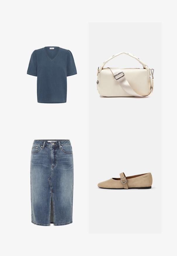 Kaffe KAMAI - Camiseta estampada - ensign blue; Falda de mezclilla azul hasta la rodilla con una abertura en el centro delantero, diseño de cinco bolsillos y cierre de botón en la cintura.; Bailarinas de ante beige estilo Mary Jane con punta afilada y una sola correa ajustable con hebilla de plata. Suela plana negra.; Bolso de imitación de cuero color crema con forma rectangular estructurada, que cuenta con un asa acolchada, una correa de satén ajustable y acentos de hardware plateado.