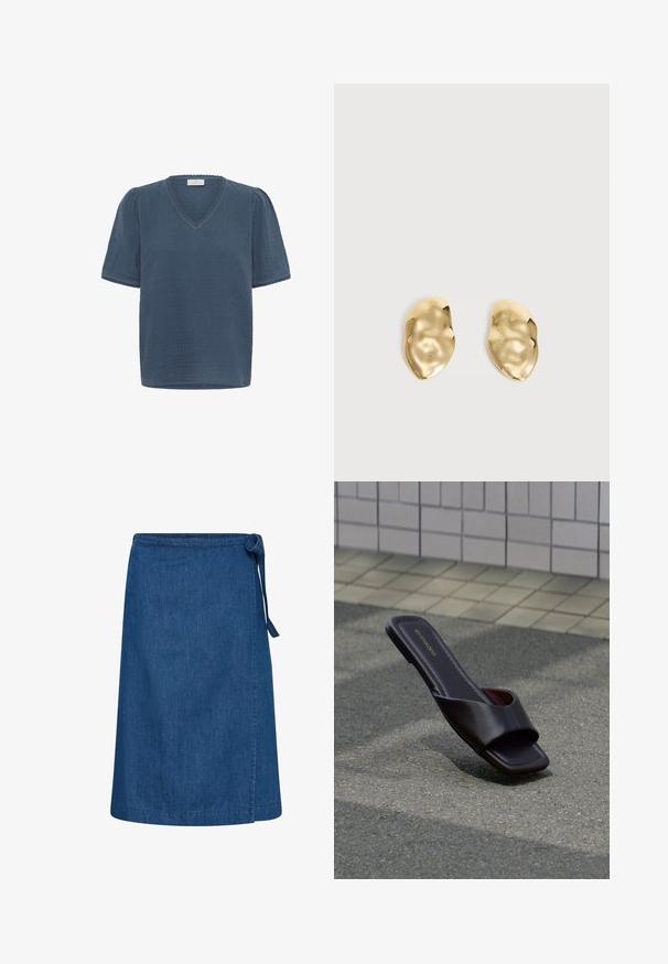 Kaffe KAMAI - T-shirt print - ensign blue; Blauwe denim wikkelrok met zijstriksluiting, rechte snit en knielange zoom.; Donkerbruine open-toe slidesandaal met vierkante neus en brede band, rustend op grijs asfalt nabij betegeld voetpad.; Een paar glanzende, onregelmatig gevormde gouden metalen oorbellen met een gekreukeld, glad oppervlak op een effen lichte achtergrond.