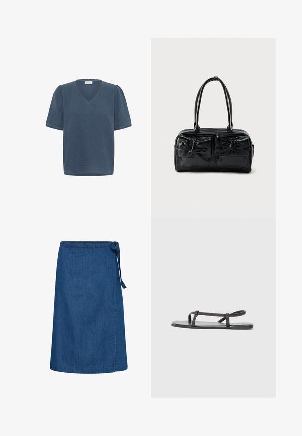 Kaffe KAMAI - Camiseta estampada - ensign blue; Falda cruzada de denim azul con cierre de lazo lateral, corte recto y largo hasta la rodilla.; Sandalias planas negras con tiras delgadas y texturizadas en un diseño minimalista. La suela es lisa y la forma general es elegante y sobria.; Bolso de mano de cuero negro con dos bolsillos frontales y detalles de lazos, con asas resistentes y una forma rectangular estructurada.