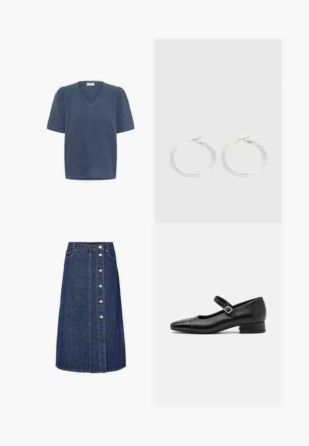 Kaffe KAMAI - T-shirt print - ensign blue; Denim rokje met een hoge taille, sluiting met knopen aan de voorkant en twee zijzakken. Donkerblauwe kleur, rechte snit en zichtbare stiksel details.; Zwarte leren Mary Jane schoenen met een gepatenteerde neus, verstelbare enkelband en lage blokhak. Een gladde textuur en een elegante uitstraling.; Een paar glanzende zilveren oorringen met dunne draadafsluitingen, getoond op een lichtgrijze achtergrond.