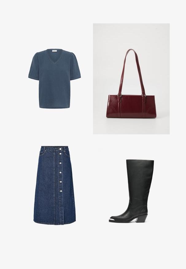 Kaffe KAMAI - Camiseta estampada - ensign blue; Falda vaquera de cintura alta, cierre frontal con botones y dos bolsillos laterales. Color azul oscuro, corte recto y detalle de costuras visibles.; Botas altas de cuero negro con punta cerrada y diseño con recortes. Presentan un tacón ancho y una textura suave. Detalles en los paneles laterales destacados.; Bolso burdeos hecho de material brillante, de forma rectangular, con dos asas para el hombro y sutiles acentos curvados en la parte frontal.
