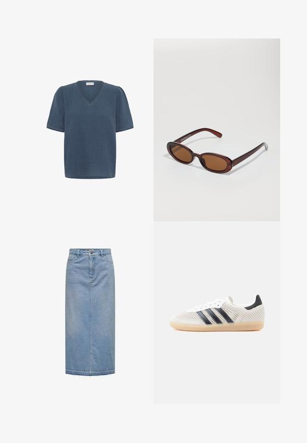 Kaffe KAMAI - Camiseta estampada - ensign blue; Falda midi vaquera azul claro con costura frontal, cierre de botones, trabillas para cinturón, bolsillos y dobladillo deshilachado.; Zapatillas deportivas de malla blanca con diseño de tres franjas negras, punta redondeada y suela de goma color café. Cuentan con un cuello de talón suave y cierre de cordones.; Gafas de sol redondas con tinte marrón y un marco burdeos brillante. Patillas delgadas con un sutil detalle de marca. Diseño de lentes planos.