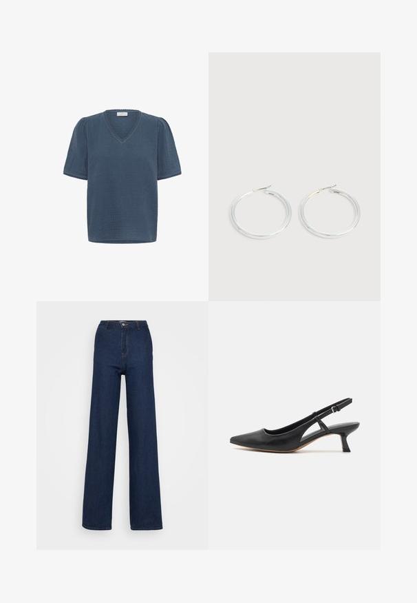 Kaffe KAMAI - Camiseta estampada - ensign blue; Vaqueros de mezclilla azul oscuro de pierna ancha con una cintura alta, que cuentan con un cierre frontal de botón, costuras sutiles y una textura suave y resistente.; Zapato slingback de piel negra con punta afilada, tacón bajo tipo bloque, detalle en los laterales recortados y correa ajustable en el tobillo. Textura suave en toda la superficie.; Pareja de pendientes de aro plateados brillantes con cierres de alambre delgado, mostrados sobre un fondo gris claro.