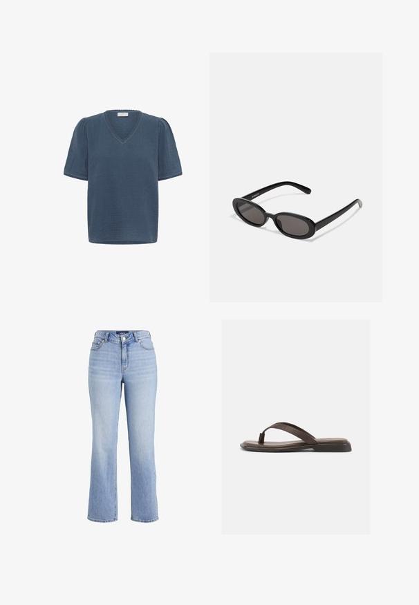 Kaffe KAMAI - T-shirt imprimé - ensign blue; Jean taille haute bleu clair en denim, avec une coupe droite, un design classique à cinq poches et une fermeture à boutons.; Sandale en cuir marron à lanière avec semelle plate noire et large bride sur le dessus, vue de profil sur fond blanc.; Even&Odd by Zalando Lunettes de soleil - black