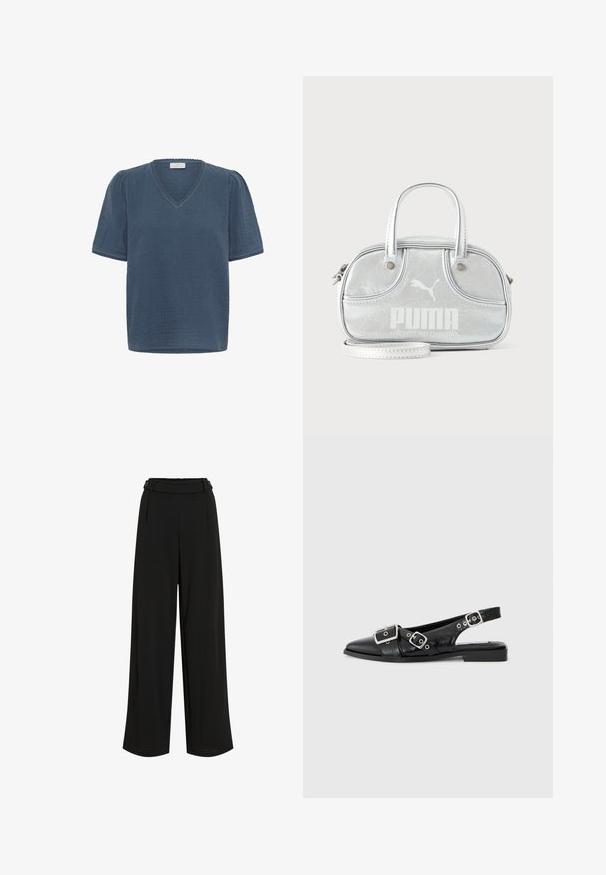 Kaffe KAMAI - T-shirt print - ensign blue; Brede zwarte broeken gemaakt van lichtgewicht materiaal. Heeft een taille met riem, voorzien van twee knopen en subtiele plooien aan de voorkant.; Zwart leren slingback schoen met een spitse neus, twee zilveren gespen en een lage blokhak. Bevat een gemêleerde bovenkant en een open achterkant.; Kleine metallic zilveren Puma-handtas met dubbele bovenhengsels, een lange riem, voorlogo en ritssluiting op een effen lichte achtergrond.