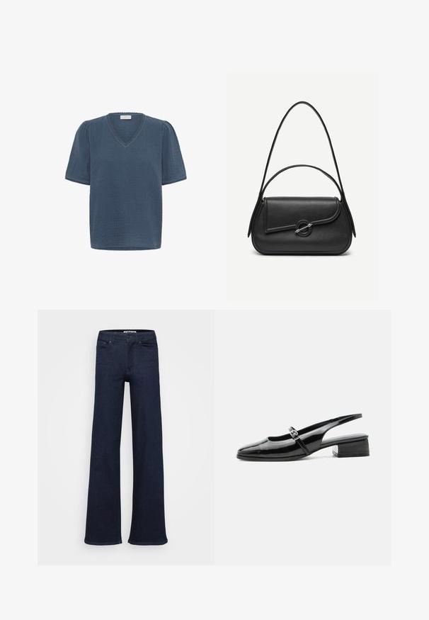 Kaffe KAMAI - T-shirt print - ensign blue; Donkerblauwe, wijde jeans van denim. Beschikt over een klassieke vijf-pocketontwerp, sluiting met voorste knoop en rechte naden.; Zwarte lakleren slingback schoen met een lage blokhak en een dunne band met zilveren gesp bovenop.; Zwarte leren handtas met afgeronde hoeken, asymmetrische klep, metalen ronde sluiting en zowel korte als lange schouderriemen.