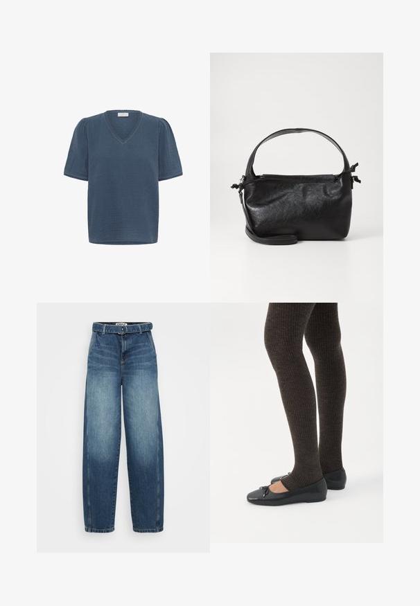 Kaffe KAMAI - T-shirt imprimé - ensign blue; Jean large taille haute en denim bleu avec une taille ceinturée, présentant un délavage, une coupe droite et des détails de couture minimaux.; Jambes portant des leggings côtelés foncés associés à des ballerines noires avec de petits détails en nœud sur fond blanc.; Sac à main en cuir noir au design structuré, avec une poignée arrondie et une bandoulière amovible. Présente une texture lisse et un éclat subtil.