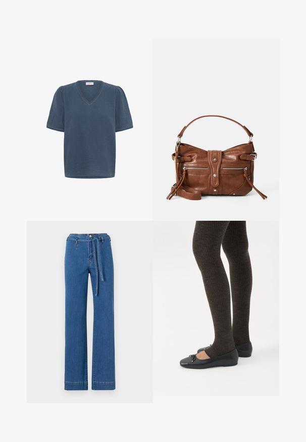 Kaffe KAMAI - Camiseta estampada - ensign blue; Pantalones anchos de mezclilla azul con cintura ceñida, que presentan costuras bordadas y un diseño clásico de cinco bolsillos. Textura suave, corte recto.; Piernas con leggings oscuros acanalados combinados con bailarinas negras que presentan pequeños detalles de lazo sobre un fondo blanco.; Bolso de mano de cuero marrón con forma redondeada, dos bolsillos frontales con cremallera y una correa de hombro desmontable. Presenta herrajes y costuras en tono plateado.